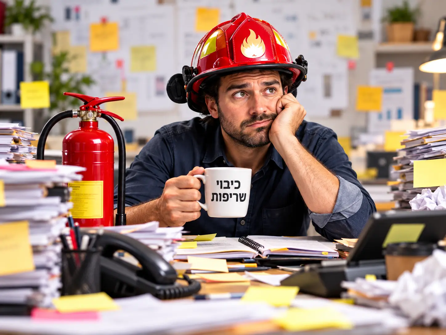 בעל עסק חובש קסדת כבאי ומחזיק ספל "כיבוי שריפות" ליד שולחן עמוס